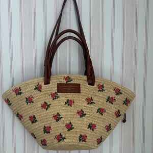 Sezane Straw Tote Bag with Pink Rose Embroidery and Brown Handles